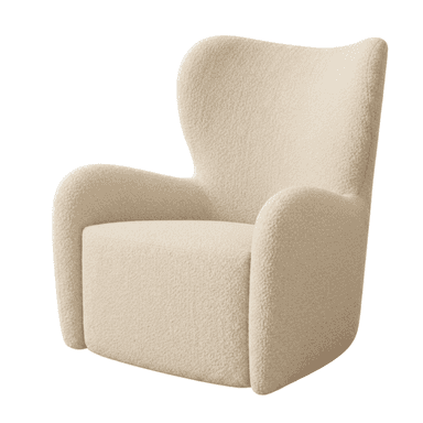 A contemporary high-back lounge chair upholstered in a textured, light-colored boucle fabric. It features a sculptural form with rounded edges, integrated armrests, and a continuous, fully upholstered base. — 3D model (AI enhanced source)