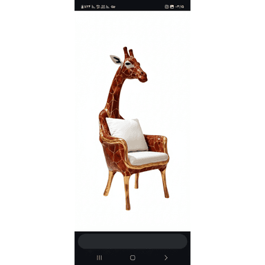 An accent chair designed in the form of a giraffe's head and neck, with the body forming the chair's structure. It features a high back resembling the giraffe's neck, leading to its head with ears and face details. The seat and backrest are upholstered in white fabric, contrasting with the chair's exterior which is finished in a brown, textured material with a giraffe-like pattern. The legs and armrest accents are made of polished gold-colored metal. A white rectangular cushion is placed on the seat. — 3D model (AI enhanced source)