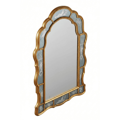 A decorative mirror with a shaped frame. The frame is gilded and features inlaid panels with etched or painted classical figures and motifs on a light blue background. The overall shape is arched with a scalloped outline. — 3D model (AI enhanced source)
