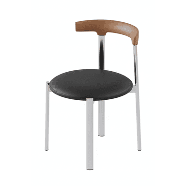 A modern chair featuring a circular black upholstered seat, a curved light wood backrest, and a polished metal frame with four straight legs. — 3D model (AI enhanced source)