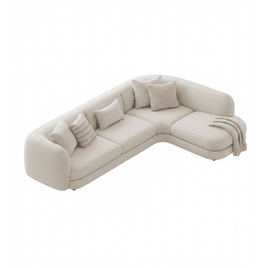A contemporary sectional sofa with a curved chaise lounge extension. The sofa features plush cushioning, rounded armrests, and is upholstered in a textured, light-colored fabric. It is complemented by several throw pillows, two of which have striped patterns, and a folded throw blanket draped over the chaise. — 3D model (AI enhanced source)