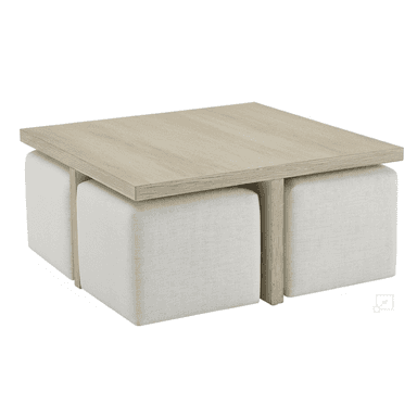 A modern square coffee table with a light wood grain finish, featuring four cube-shaped ottomans upholstered in light-colored fabric that tuck neatly underneath its frame. — 3D model (AI enhanced source)