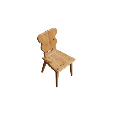 A wooden chair with a carved backrest and a seat made of several planks. The chair has four legs, with the back legs extending upwards to form the support for the backrest. The design suggests a rustic or folk style. — 3D model (AI enhanced source)
