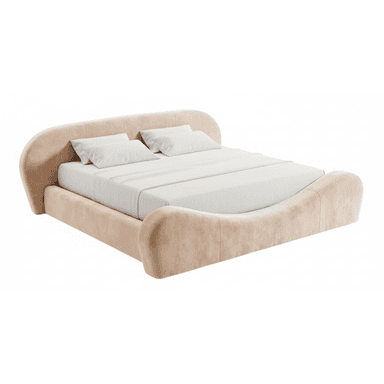 A modern upholstered platform bed featuring a curved headboard and footboard, entirely covered in a light beige fabric. The design emphasizes soft, flowing lines for a contemporary aesthetic. — 3D model (AI enhanced source)