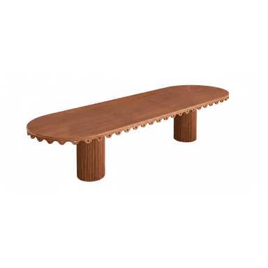 An elongated oval table crafted from reddish-brown wood, featuring a distinctive scalloped edge along the perimeter of the tabletop. The table is supported by two large, cylindrical bases, each adorned with vertical fluting, providing a textural contrast to the smooth tabletop. — 3D model (AI enhanced source)
