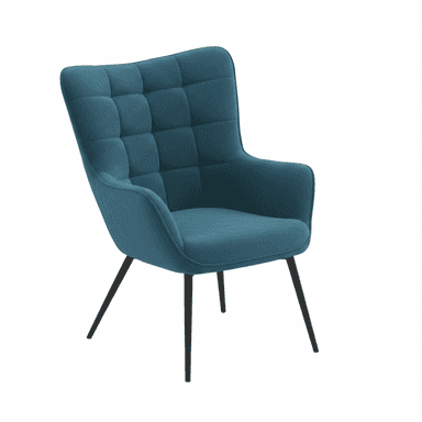 A contemporary accent chair featuring a high backrest and integrated armrests, upholstered in a deep teal fabric with square tufting on the backrest. The chair is supported by four slender, splayed black metal legs. — 3D model (AI enhanced source)