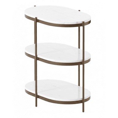 A contemporary three-tiered side table featuring oval shelves crafted from white marble, supported by a slender bronze-toned metal frame. The open design provides storage and display space. — 3D model (AI enhanced source)