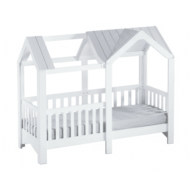 A white wooden bed frame designed to resemble a house, featuring a gabled roof structure and slatted side rails. The frame is constructed from solid wood with a clean white painted finish. A mattress is visible within the frame, indicating it is a complete bed setup. The design is whimsical and child-oriented. — 3D model (AI enhanced source)