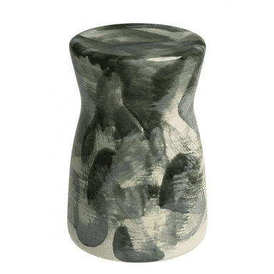 A ceramic stool with a slightly concave cylindrical form, featuring a glossy, hand-painted abstract pattern in shades of green, gray, and off-white. — 3D model (AI enhanced source)