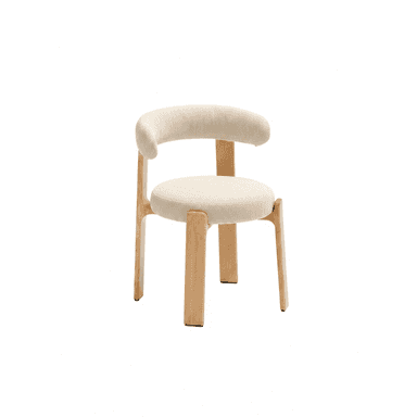 A contemporary armchair featuring a light wood frame and cream-colored upholstered seat and backrest. The design is minimalist with rounded forms, including a circular seat and a curved backrest that seamlessly integrates with the armrests. The legs are sturdy, splayed outwards slightly, and match the natural wood tone. — 3D model (AI enhanced source)