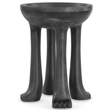 A dark, possibly ebonized, wooden pedestal table featuring a rounded, shallow bowl-like top. The table is supported by three robust, sculpted legs that splay outwards slightly and terminate in stylized foot-like carvings, complete with distinct toe details. The entire piece exhibits a hand-carved, organic aesthetic. — 3D model (AI enhanced source)