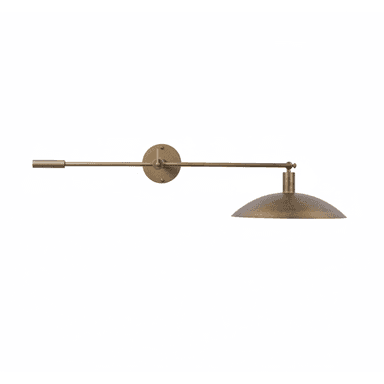 An aged brass adjustable wall sconce featuring a long horizontal arm extending from a circular wall-mounted backplate. The arm supports a downward-facing, shallow dome-shaped metal shade, allowing for directional light. The lamp has a utilitarian yet stylish design, characterized by its distressed metallic finish. — 3D model (AI enhanced source)