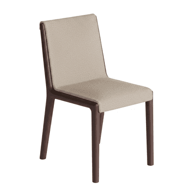 A modern dining chair with a wooden frame and upholstered seat and backrest. The frame appears to be made of dark stained wood with a smooth finish. The upholstery is a textured fabric in a neutral, light beige color. The chair has a simple, clean-lined design with four legs that angle slightly outwards. — 3D model (AI enhanced source)