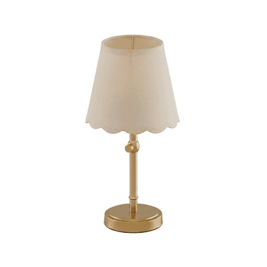 A small table lamp featuring a metallic brass-toned base and stem, supporting a conical linen fabric lampshade with a scalloped bottom edge. The stem includes a visible adjustment knob. — 3D model (AI enhanced source)