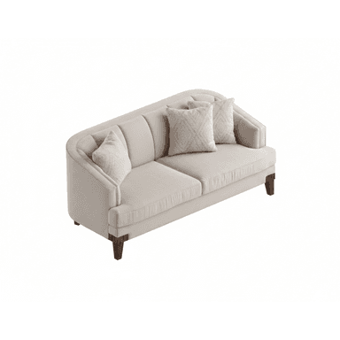 An elegant, cream-colored loveseat featuring an asymmetrical curved back design. The backrest is subtly channel-tufted, providing a structured yet soft appearance. It has two seat cushions and is supported by four dark, tapered wooden legs. Three decorative throw pillows are placed on the seat. — 3D model (AI enhanced source)