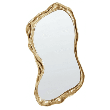 An ornate, irregularly shaped mirror with a textured, gold-toned frame. The frame has a fluid, organic design with undulating surfaces and raised detailing, resembling molten metal or natural formations. The mirror itself is centrally placed within this decorative frame. — 3D model (AI enhanced source)
