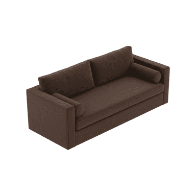 A modern, upholstered sofa with a rich brown fabric. It features a clean, rectangular silhouette with slightly rounded edges on the arms and back cushions. Two square back cushions and two cylindrical bolster pillows are visible. The sofa has a low profile and a single, continuous seat cushion. — 3D model (AI enhanced source)