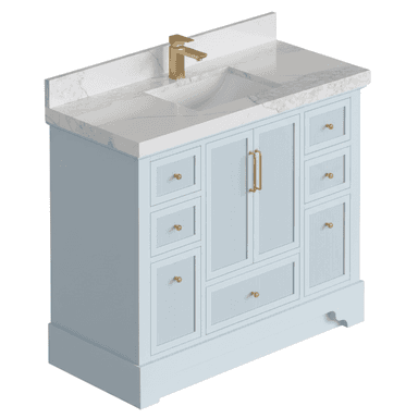 A light blue bathroom vanity featuring a white marble countertop with an integrated rectangular sink and a gold-toned single-handle faucet. The cabinet unit is designed with two central doors and multiple side drawers, all adorned with vertical fluting details. The doors are equipped with gold bar pulls, while the drawers feature gold knob pulls. The vanity stands on a recessed base with subtle decorative cutouts. — 3D model (AI enhanced source)