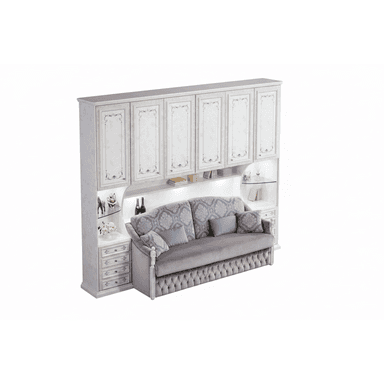 An ornate multifunctional wall unit featuring an integrated sofa bed, side storage, and upper cabinets. The sofa has a grey velvet upholstery with a tufted base and patterned back cushions. The surrounding cabinetry is finished in a light, possibly distressed or painted white wood, with decorative framed panels and subtle floral motifs. The unit also includes open display shelves with recessed lighting and two sets of drawers on either side of the sofa. — 3D model (AI enhanced source)