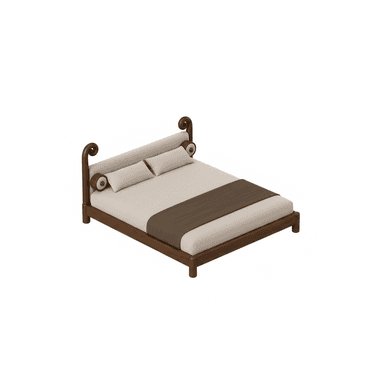 A modern platform bed featuring a dark wood frame and an upholstered headboard with distinctive scrolled wooden posts. The bed includes a mattress with beige bedding and a dark brown bed runner, accompanied by two rectangular pillows and two bolster pillows integrated into the headboard design. — 3D model (AI enhanced source)