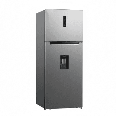 A modern, two-door refrigerator featuring a brushed stainless steel finish. The freezer compartment is located at the top, and the main refrigerator compartment is at the bottom. The lower door is equipped with an external water dispenser. Both doors have subtle, recessed integrated handles, contributing to a sleek, minimalist aesthetic. A small digital control panel is visible on the upper freezer door. — 3D model (AI enhanced source)