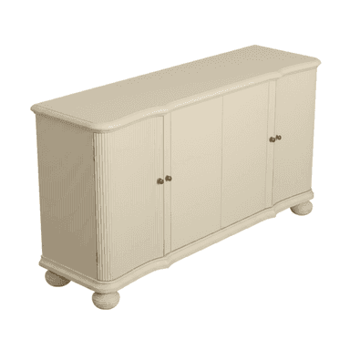 A long, cream-colored sideboard featuring four doors and a subtly curved top and base. The end sections and outer doors are adorned with vertical reeded detailing, while the two central doors are smooth. The piece stands on four spherical, turned feet and is outfitted with small, ornate brass-tone door pulls. — 3D model (AI enhanced source)