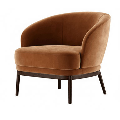 A contemporary armchair with a rounded, enveloping backrest and seat upholstered in a soft, textured brown fabric. The base consists of a dark, slim wooden frame with four tapered legs. — 3D model (AI enhanced source)