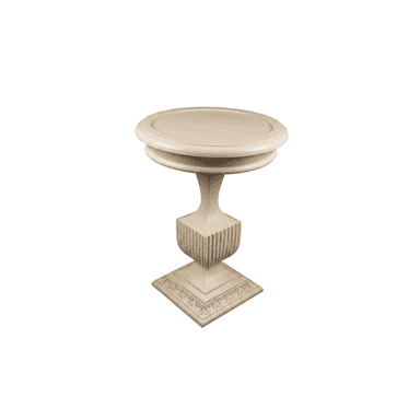 A small, round pedestal table with a light, creamy finish, featuring a fluted central column and a decorative carved square base. — 3D model (AI enhanced source)