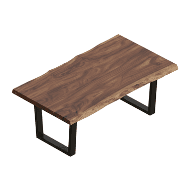 A rectangular coffee table featuring a live-edge wooden top and two black metal U-shaped legs. The top displays natural wood grain and organic, untrimmed edges, while the matte black metal base provides a sturdy and modern contrast. — 3D model (AI enhanced source)