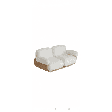 A contemporary two-seater sofa or loveseat featuring a white bouclé fabric upholstery on plush, rounded cushions and armrests, set upon a curved, light-toned bentwood base. The design is minimalist and soft, combining textural upholstery with a sleek wooden frame. — 3D model (AI enhanced source)
