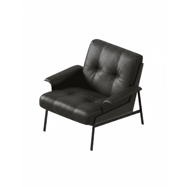 A contemporary lounge chair featuring black, button-tufted leather upholstery, a dark exposed wooden frame, and slender black metal legs. The chair has rolled armrests and a slightly reclined back, indicative of a comfortable seating experience. — 3D model (AI enhanced source)