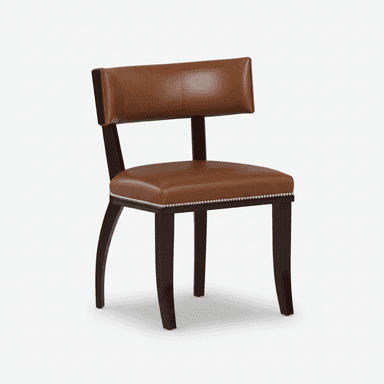 A classic brown leather upholstered dining chair featuring a dark wood frame and decorative silver nailhead trim around the seat. The chair has a rectangular backrest and slightly curved rear legs. — 3D model (AI enhanced source)