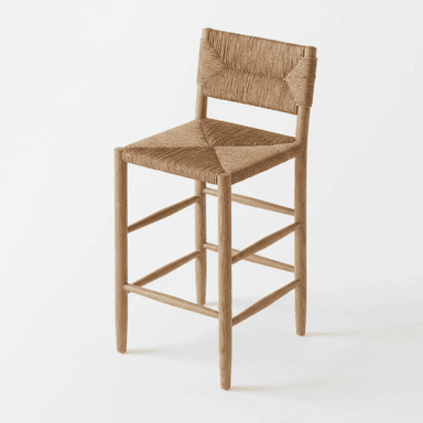 A natural wood bar stool featuring a woven rope seat and backrest, supported by four tapered wooden legs connected by horizontal and diagonal footrests. The construction appears sturdy and the materials suggest a natural, organic aesthetic. — 3D model (AI enhanced source)