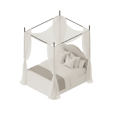 An overhead isometric view of a contemporary canopy bed featuring a minimalist black metal frame that supports a sheer white fabric canopy and drapes. The bed includes a mattress, white bedding, a light beige bed runner, and several white throw pillows. The headboard appears to be upholstered in a light, neutral fabric with a gentle curve. — 3D model (AI enhanced source)