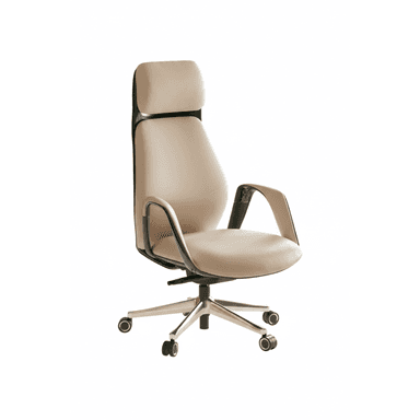 A modern high-back executive office chair featuring cream-colored upholstery, likely leather or faux leather, complemented by a dark green shell on the backrest. The chair has fixed armrests with padded tops and a polished silver or chrome five-star swivel base equipped with caster wheels. The design emphasizes ergonomic support with a tall back and integrated headrest. — 3D model (AI enhanced source)