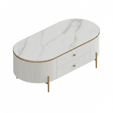 An oval-shaped coffee table featuring a white marble top with grey veining, complemented by a white fluted body. The table includes two integrated drawers with small round brass pull handles. A thin brass trim outlines the marble top, and the table stands on four slender, tapered brass legs, contributing to a modern glam aesthetic. — 3D model (AI enhanced source)