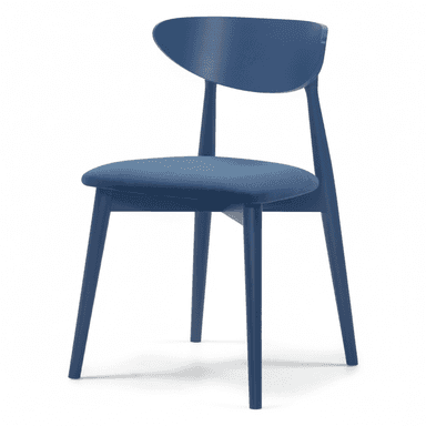 An armless modern dining chair featuring a striking indigo blue finish on both its solid wooden frame and upholstered seat. The chair's design emphasizes clean lines with a gently curved backrest and slender, tapered legs. The seat cushion is integrated and matches the overall blue tone, creating a monochromatic and contemporary aesthetic. It is depicted against a plain white background, highlighting its form and color. — 3D model (AI enhanced source)