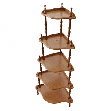 A wooden five-tier corner display shelf with turned spindle supports and decorative finials, designed to fit into a room's corner. — 3D model (AI enhanced source)