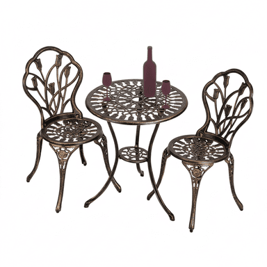 A three-piece outdoor bistro set featuring a round table and two chairs, all crafted from ornate bronze-finished cast aluminum with intricate floral and scrollwork designs. — 3D model (AI enhanced source)