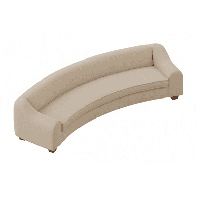 A modern curved sofa featuring a beige upholstered fabric, low profile, and simple block feet. The design includes fixed back and seat cushions, with gently rolled arms that flow into the curved backrest. — 3D model (AI enhanced source)