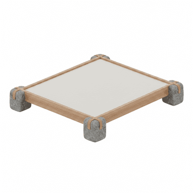 A low, square furniture piece featuring a light-colored flat top surface, a natural wood frame, and four distinct, felt-covered block legs. Each leg is visually and functionally secured to the wooden frame at the corners with decorative tan leather straps. — 3D model (AI enhanced source)