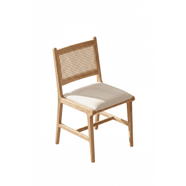 A light-toned solid wood dining chair featuring a woven cane backrest and a thick, cream-colored upholstered seat cushion. The chair has a minimalist design with straight, slightly tapered legs and horizontal stretchers for stability. The overall aesthetic is natural and contemporary. — 3D model (AI enhanced source)