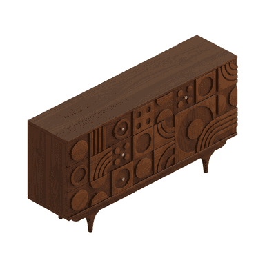 A long, dark wood credenza or sideboard featuring a highly decorative facade composed of various geometric shapes, including circles, squares, and arcs, arranged in an abstract, relief pattern. It stands on four splayed, tapered legs and has small brass circular knobs on some of the drawer fronts, suggesting multiple storage compartments behind the artistic design. — 3D model (AI enhanced source)