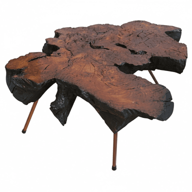 A unique coffee table featuring a large, irregular cross-section of a tree trunk as its tabletop. The wood has a rough, natural edge and exhibits significant cracking and texture. It is supported by three slender, metallic legs with a brass-like finish. — 3D model (AI enhanced source)