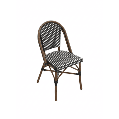 An armless chair with a curved backrest and straight legs, featuring a woven seat and back in a black and white checkerboard pattern. The frame is constructed from a dark wood-look material, likely synthetic rattan or wood. — 3D model (AI enhanced source)