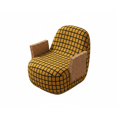 A contemporary lounge chair featuring a distinctive yellow fabric upholstery with a black grid pattern, complemented by unique, rectangular armrests made of a porous, cork-like material. The chair has a rounded, low-profile form. — 3D model (AI enhanced source)