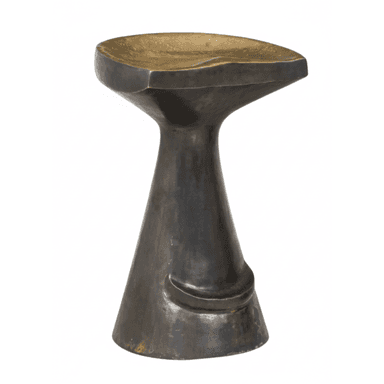 A sculptural, brutalist-style stool or accent table crafted from two types of metal. The base is a dark, aged bronze with a conical, flaring form, featuring subtle indentations or details. The top surface, appearing as a distinct piece, is made of lighter-toned brass with a slightly concave, saddle-like shape, suggesting it could be used for seating. The contrast between the dark, textured base and the golden, smoother top creates a striking visual effect. — 3D model (AI enhanced source)