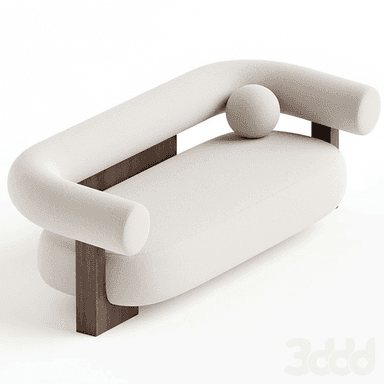An elegant, contemporary chaise lounge featuring off-white boucle fabric upholstery, a distinctive curved tubular backrest, and a solid dark wood block base. It includes an integrated spherical cushion. — 3D model (AI enhanced source)