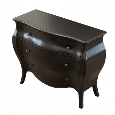 A dark-finished bombe chest of drawers featuring a serpentine top and three bowed drawers, each fitted with antique-style metal knobs. The chest exhibits a curvilinear silhouette with gracefully curved sides and subtle cabriole-style legs, indicative of a Rococo or French Provincial design. — 3D model (AI enhanced source)