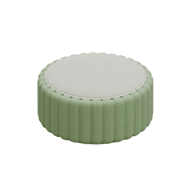 A circular upholstered ottoman featuring a distinct fluted base design in sage green fabric and a contrasting light beige padded top surface. — 3D model (AI enhanced source)